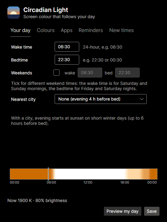 The Your day tab: wake and bed times, nearest city, and the day's colour strip