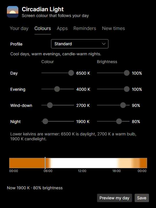The Colours tab: a profile, and the colour and brightness of each part of the day