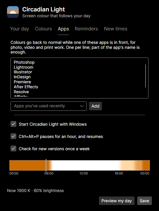 The Apps tab: the apps that pause the colour change