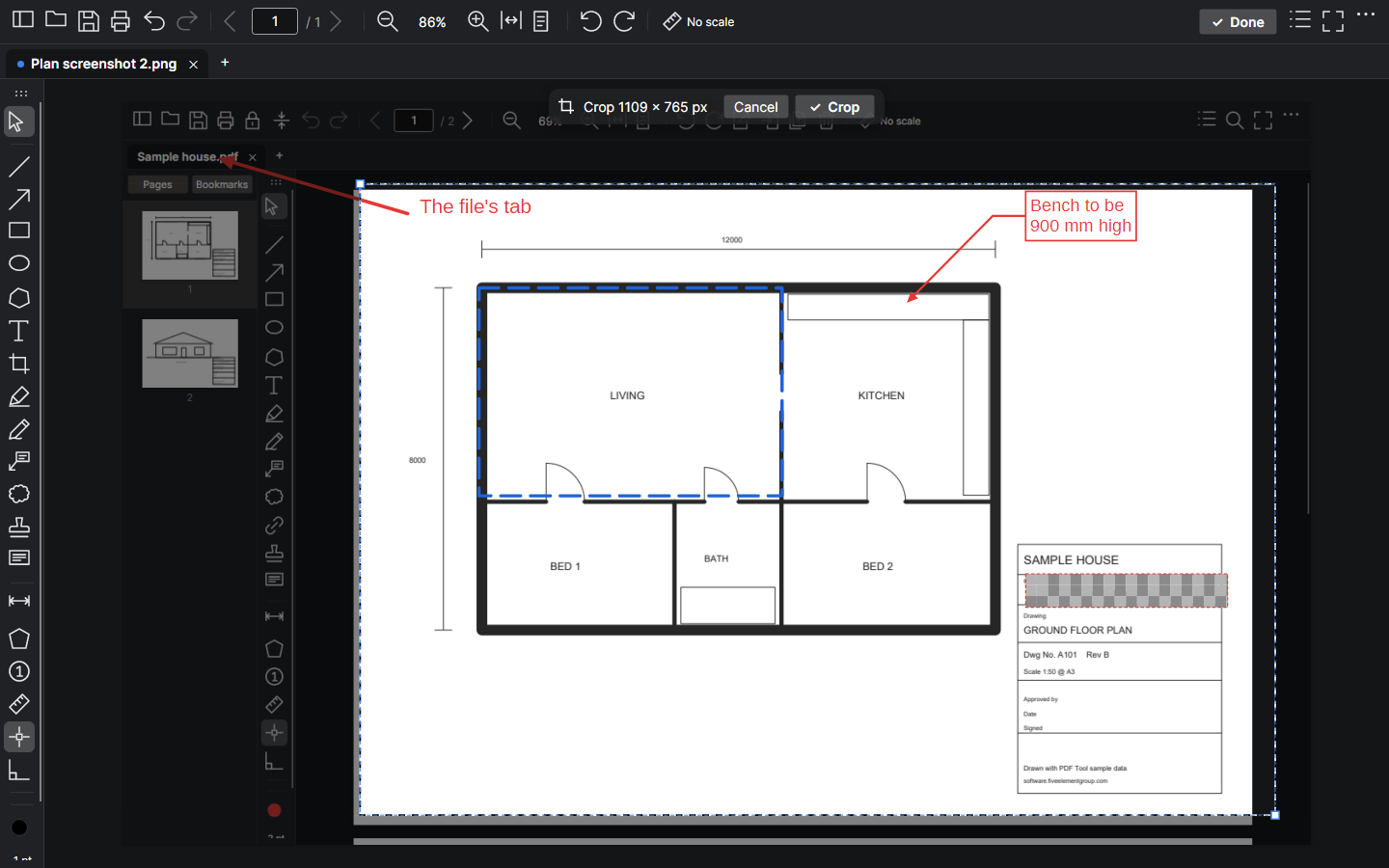 A crop frame round the plan, with the crop bar