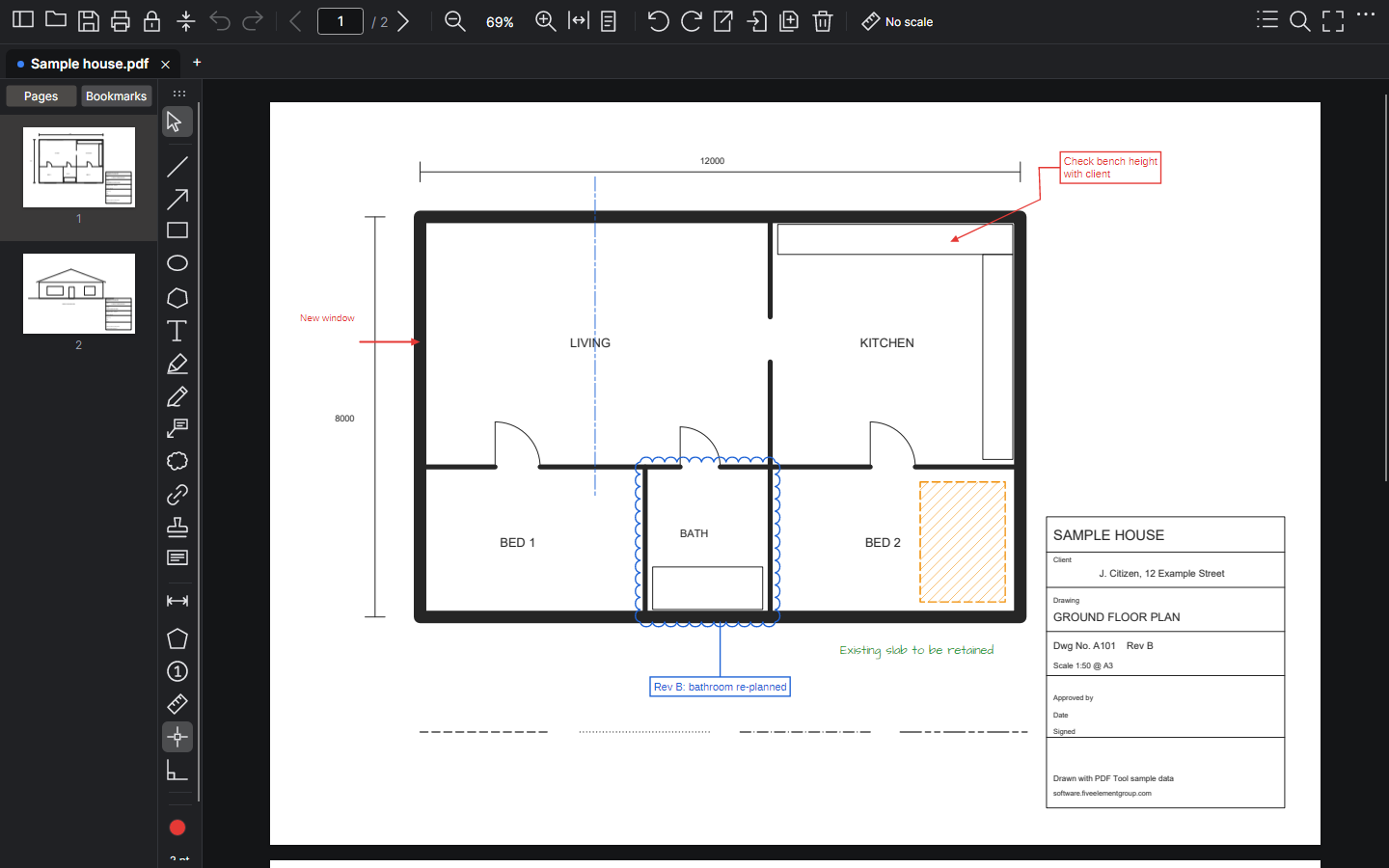 Callout, revision cloud, arrow, a dashed hatched rectangle, a centreline and a key of line types on a plan