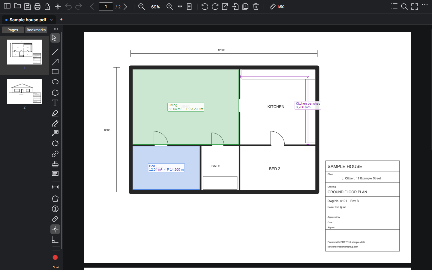 Named areas and a measured run of benches on a 1:50 plan