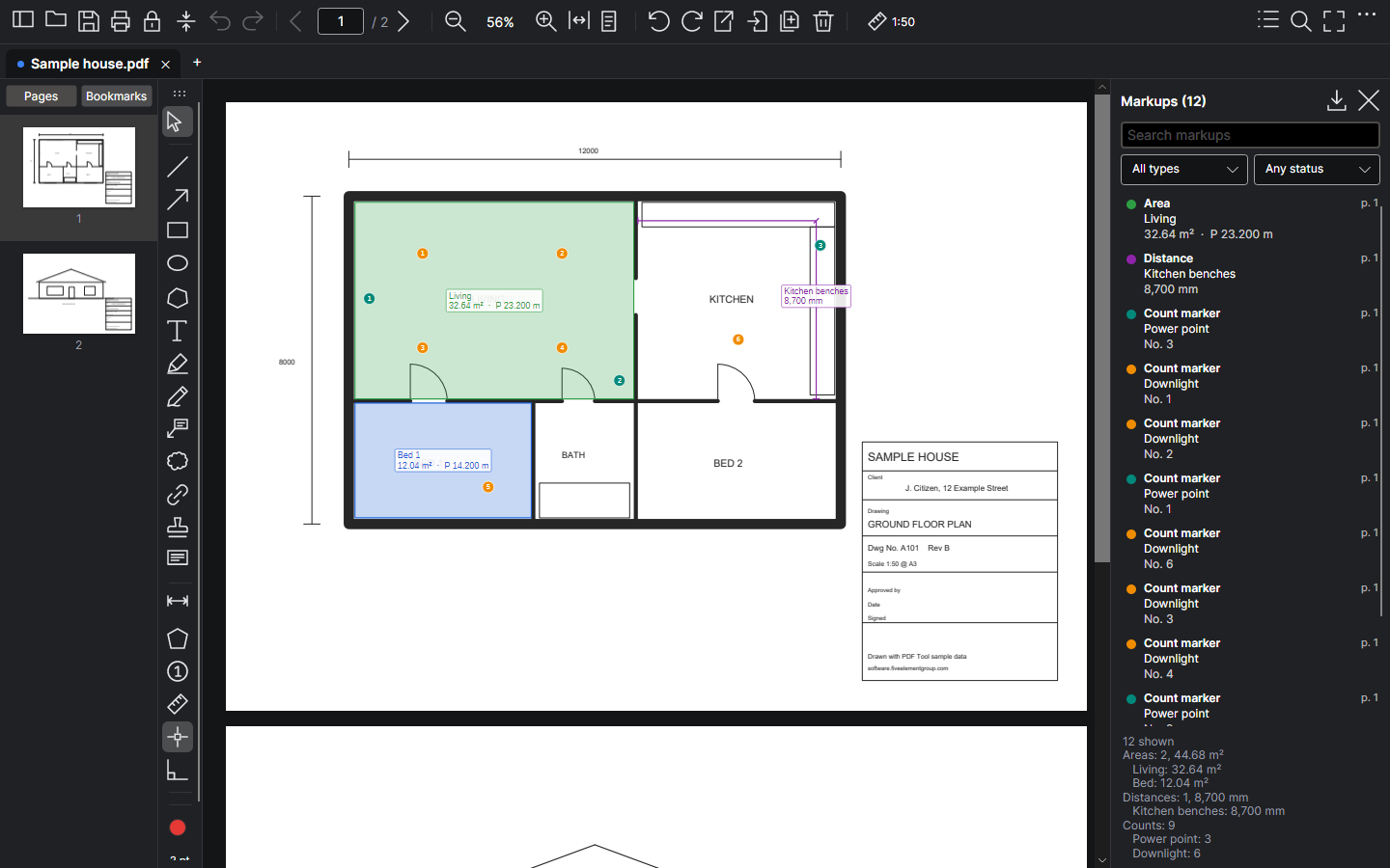 The markups list with area, distance and count totals