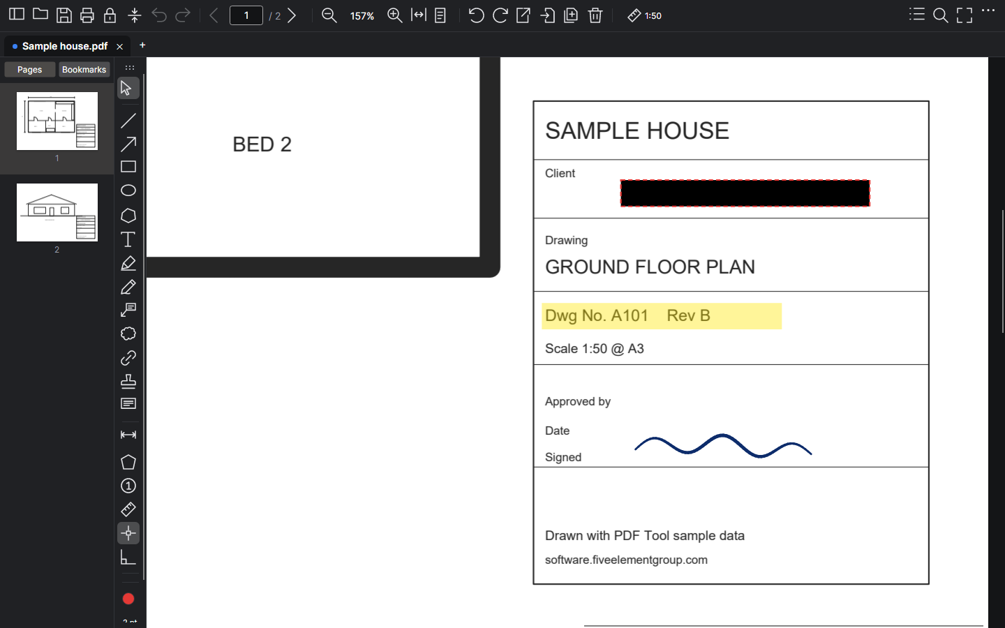 A signature, a highlighted drawing number and a redacted client name