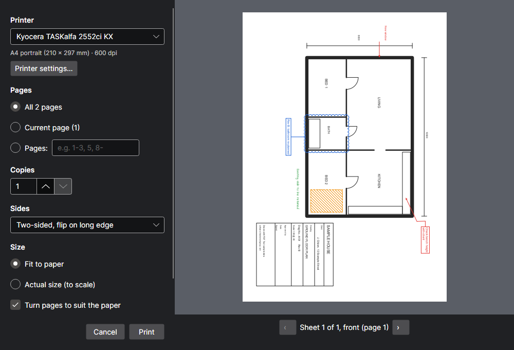 The print window, set to two-sided, with a preview of the marked-up plan