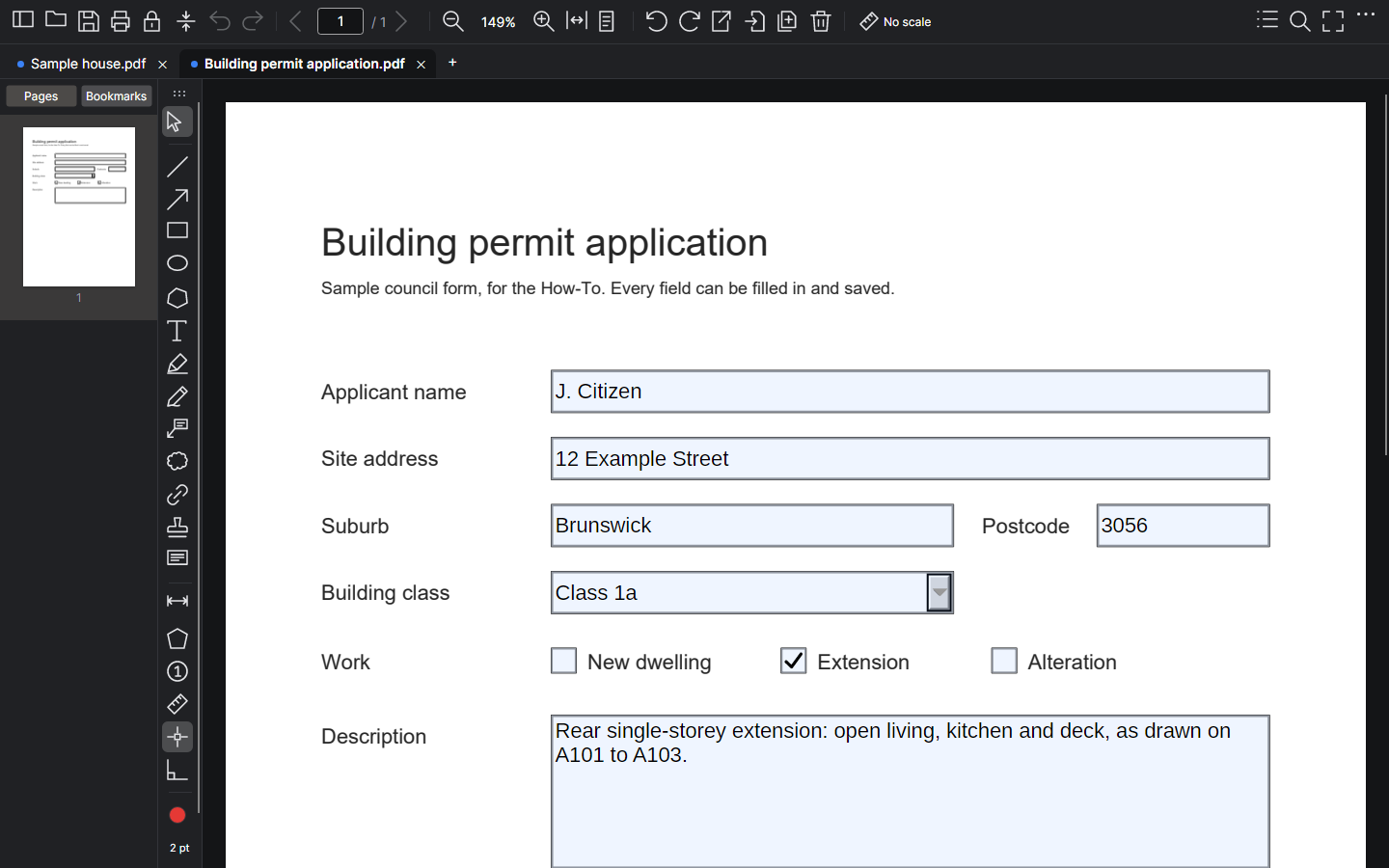 A council's building permit application, filled in